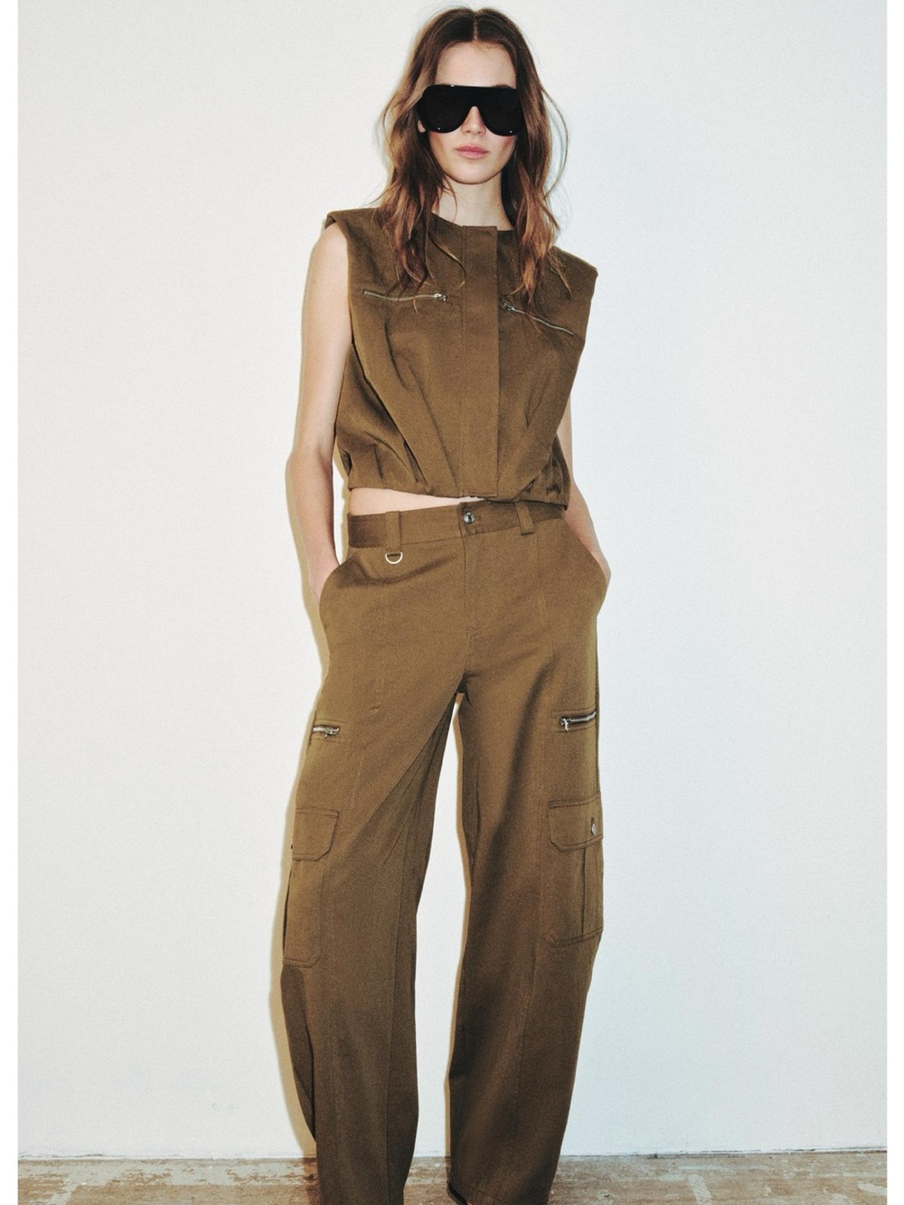 NEW! Zara Olive Brown Wide-Leg Cargo Pants with Sleeveless Top